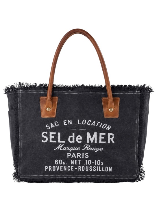 Myra Bag Handbags - Mya Sel de Mer Charcoal Cotton Canvas Tote Bag Fringe Leather Handles Zip Top